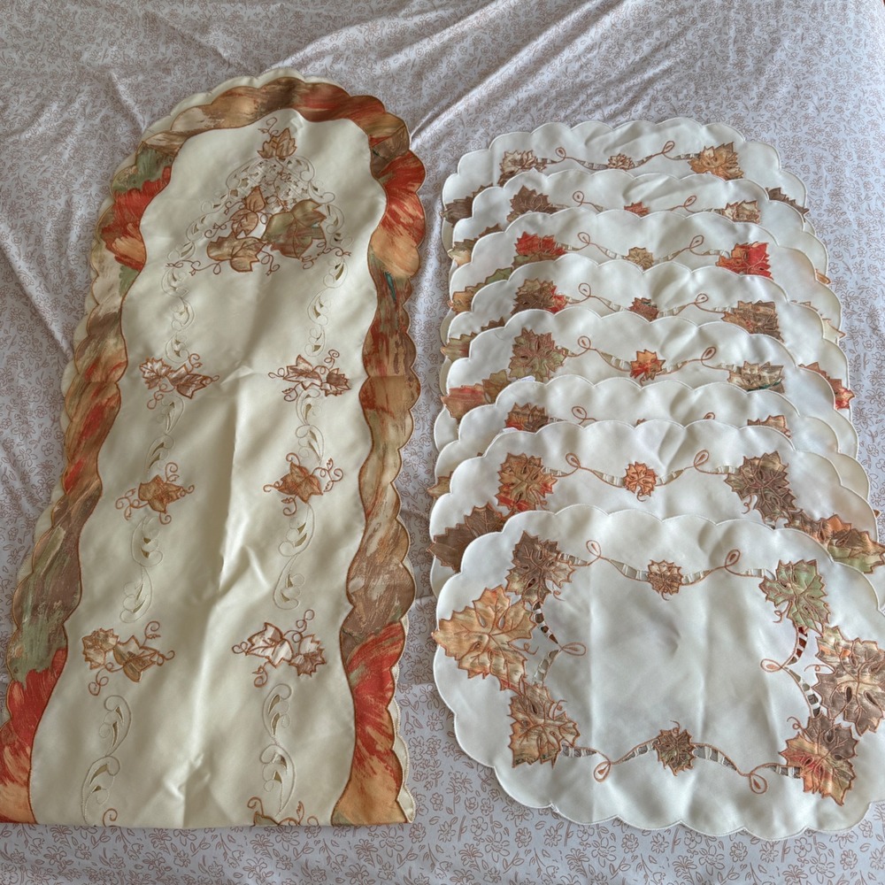 Fall Autumn Maple Leaf Table Runner and 8 Placemats Set Embroidered Cutout Cream